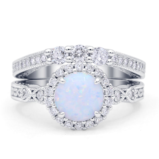 Halo Bridal Set Piece Round Wedding Band Ring Lab Created White Opal