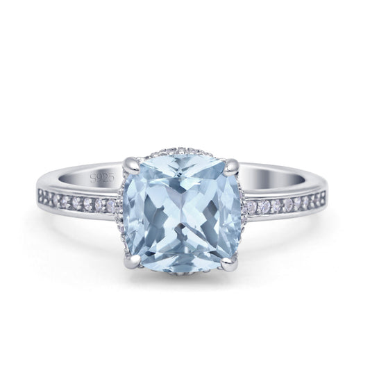 Elegant Hidden Halo Cushion Engagement Ring Simulated Aquamarine