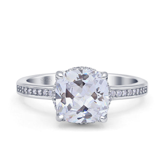 Elegant Hidden Halo Cushion Engagement Ring Cubic Zirconia