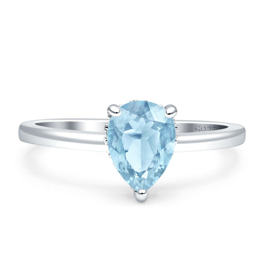 Solitaire Hidden Halo Teardrop Pear Engagement Ring Simulated Aquamarine