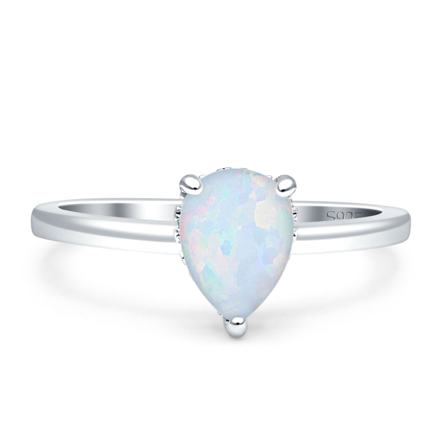 Solitaire Hidden Halo Teardrop Pear Engagement Ring Lab Created White Opal