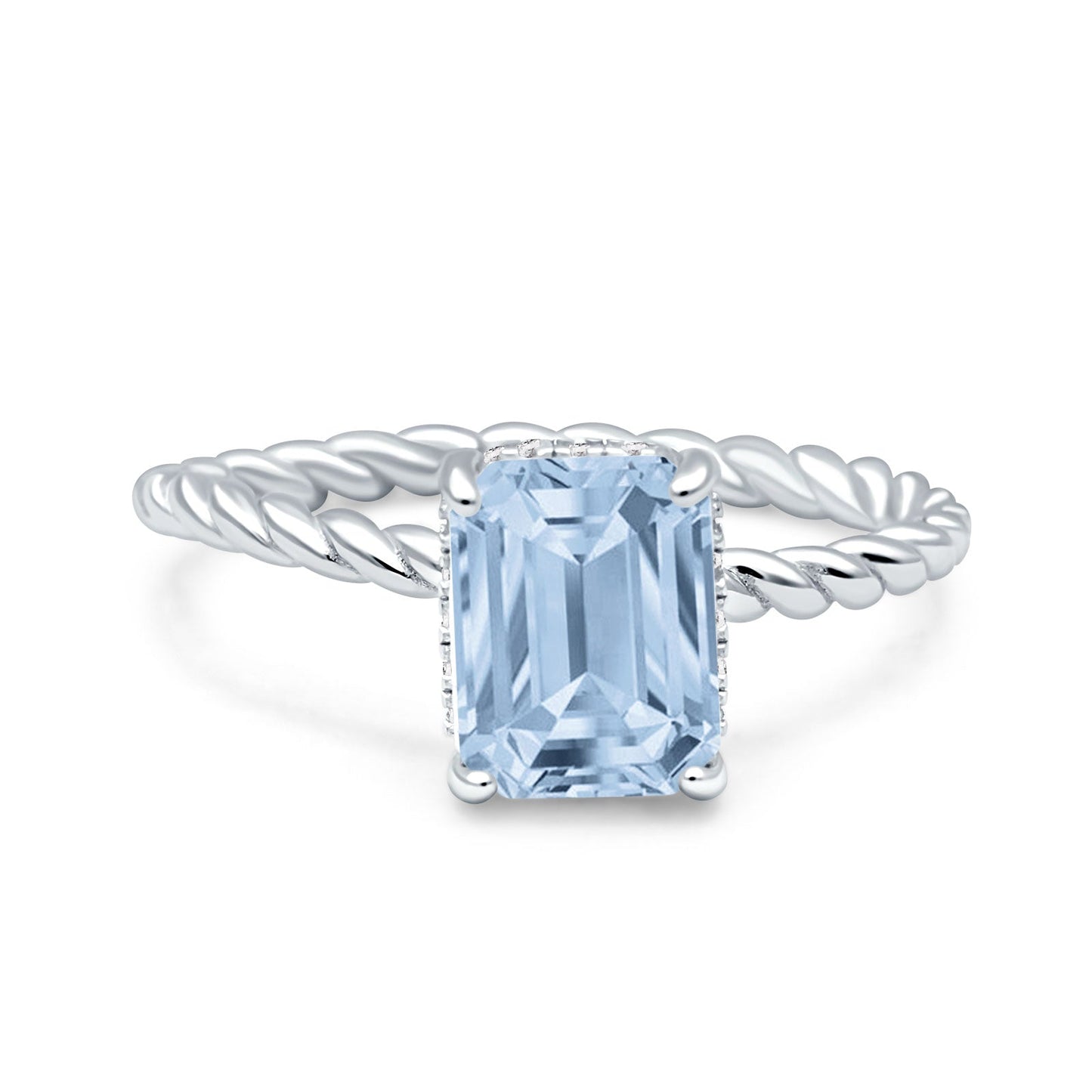 Vintage Twisted Band Emerald Cut Engagement Ring Simulated Aquamarine CZ