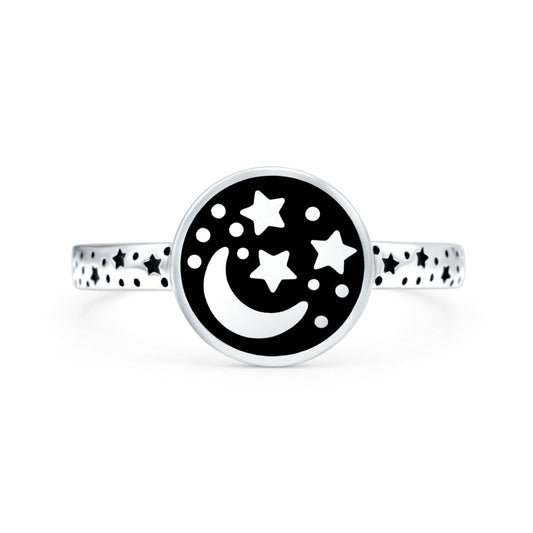 Moon and Stars Oxidized Band Thumb Ring (10mm)