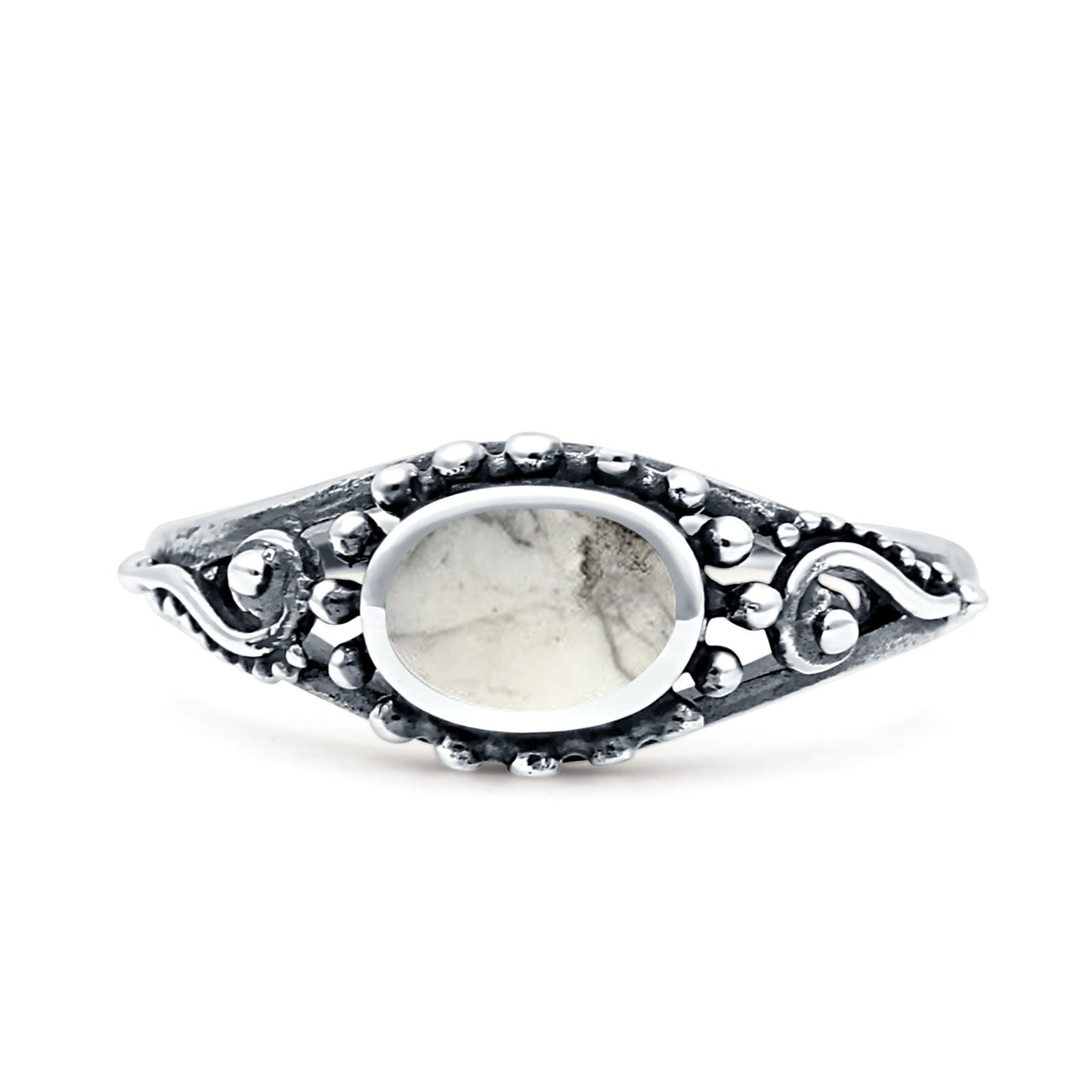 Oval White Buffalo Turquoise Beaded Ring Oxidized
