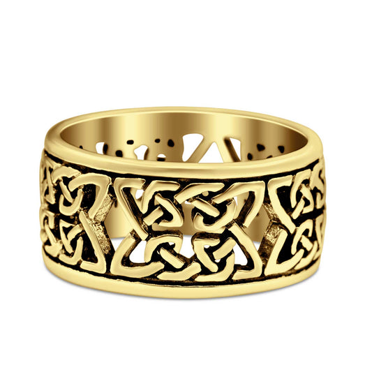 Weave Celtic Oxidized Band Solid Yellow Tone Thumb Ring (10mm)