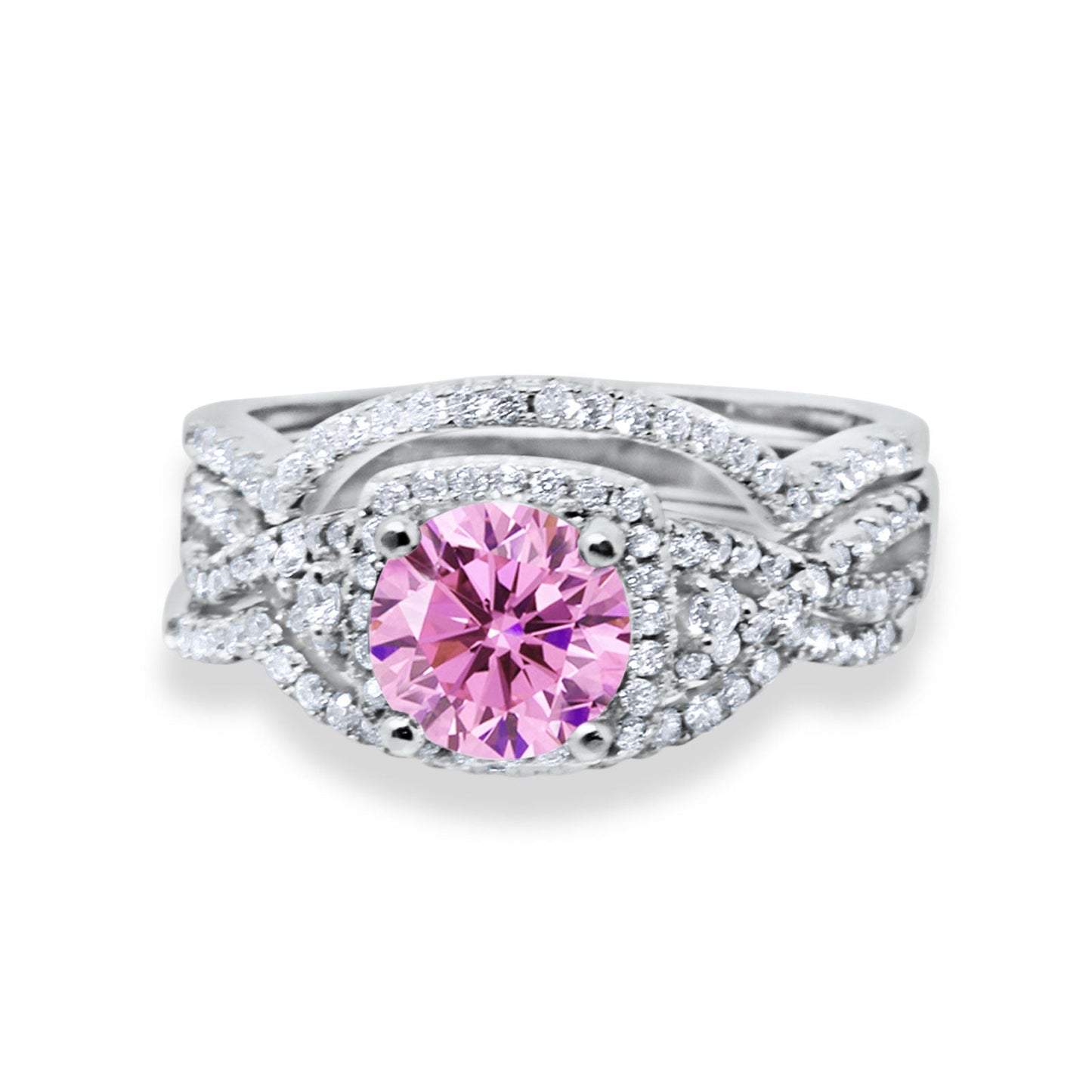 Halo Engagement Ring Three Piece Pink CZ