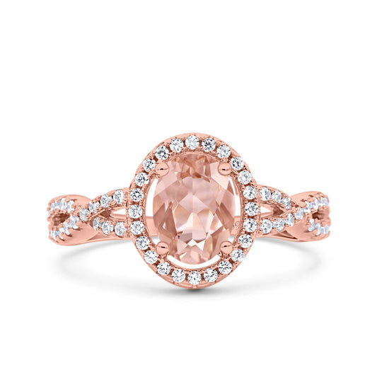 Halo Infinity Shank Ring Oval Rose Tone, Simulated Morganite CZ