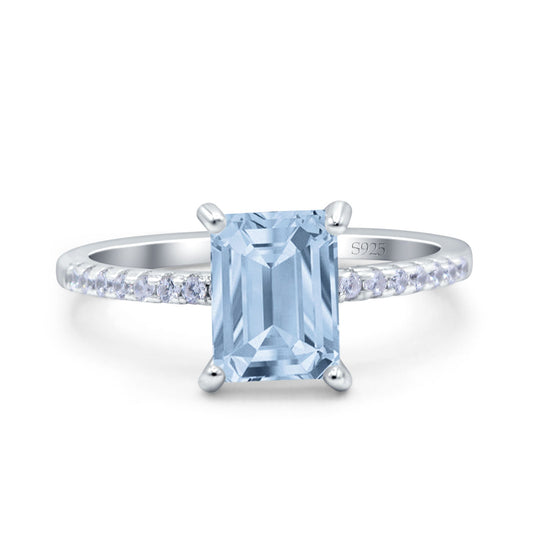 Emerald Cut Art Deco Wedding Ring Simulated Aquamarine CZ