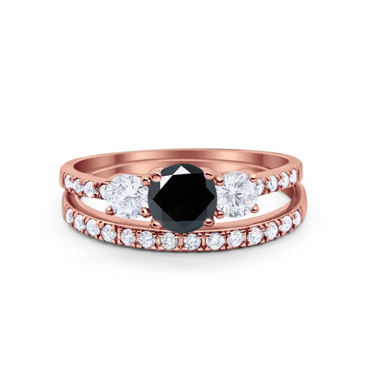 Three Stone Two Piece Rose Tone Black CZ Bridal Ring