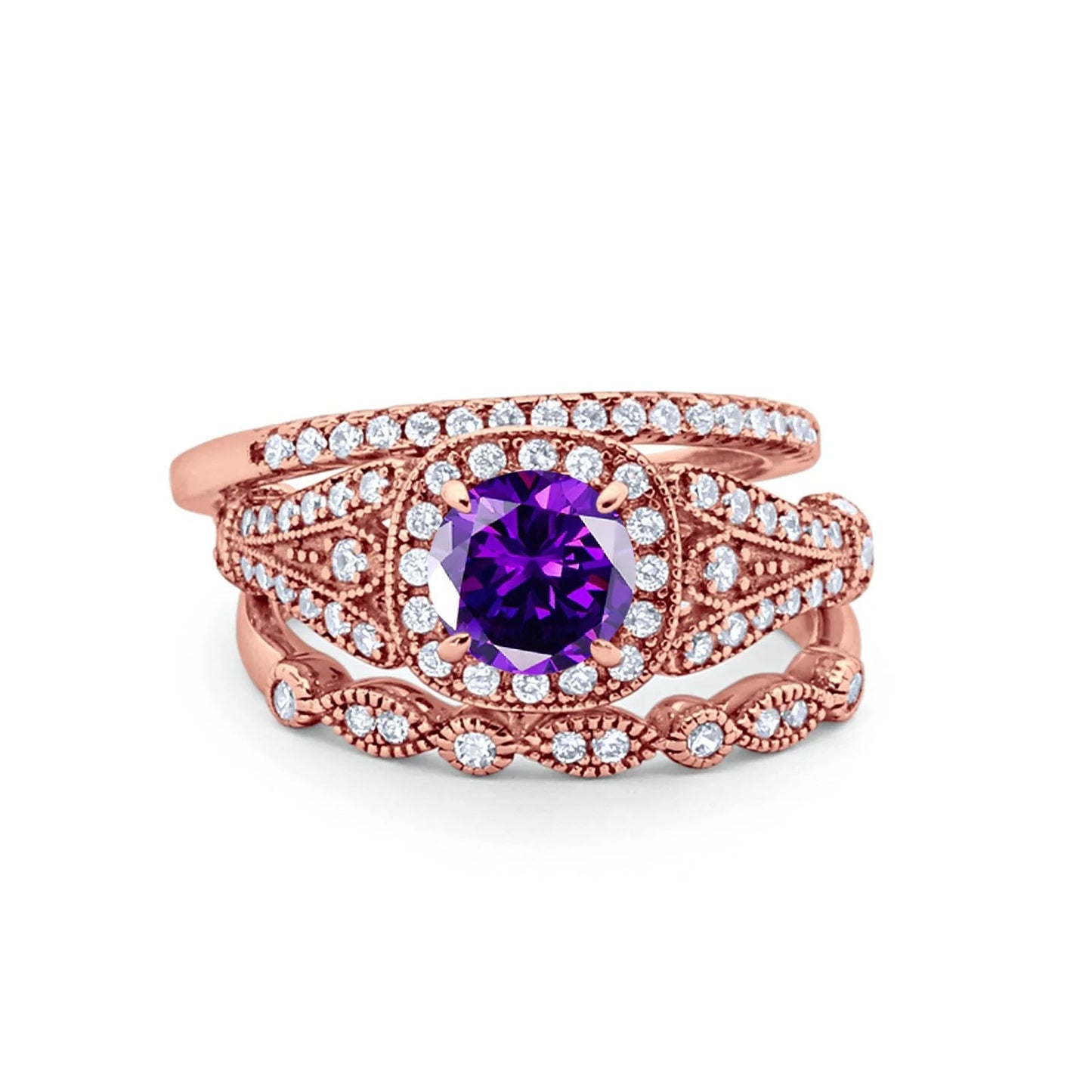 Three Piece Art Deco Rose Tone, Simulated Amethyst CZ Bridal Wedding Ring