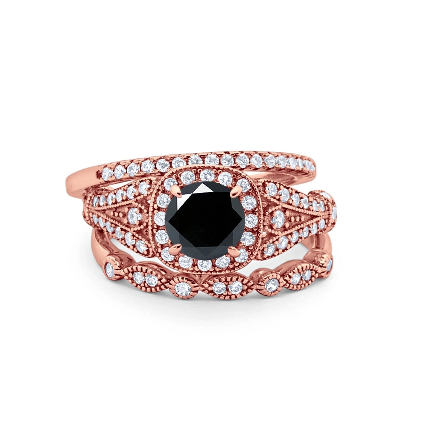 Three Piece Art Deco Rose Tone, Simulated Black CZ Bridal Wedding Ring