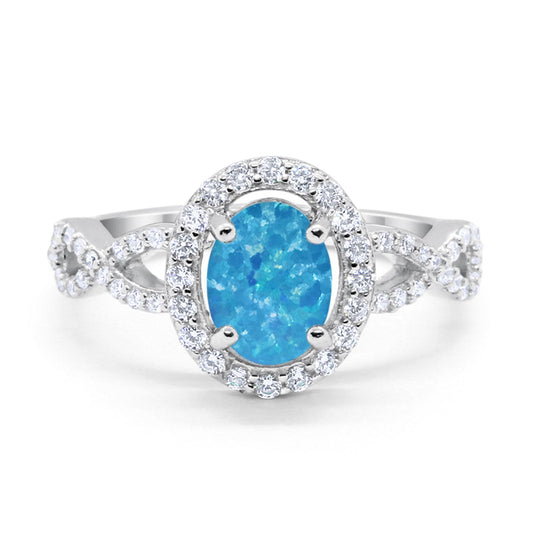 Art Deco Halo Wedding Ring Oval Lab Created Blue Opal