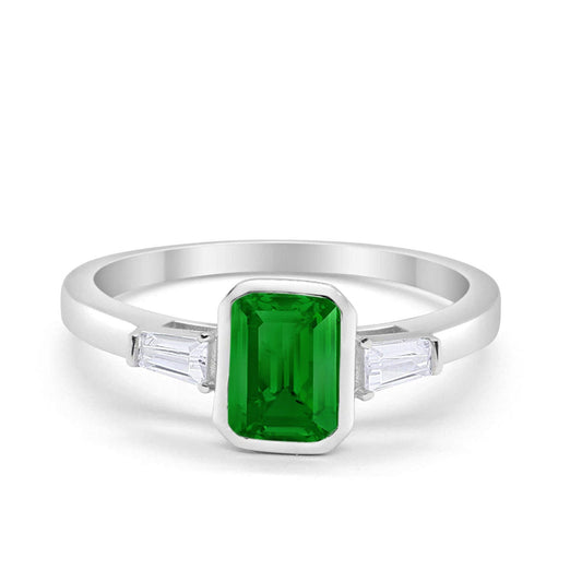 Three Stone Baguette Engagement Ring Simulated Green Emerald CZ