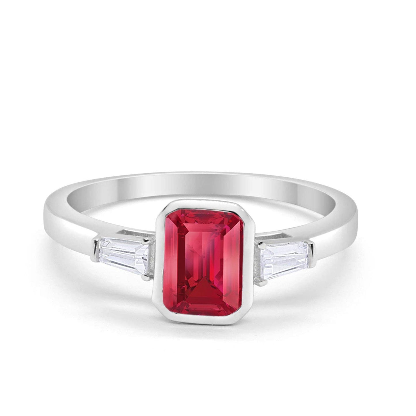 Three Stone Baguette Engagement Ring Simulated Ruby CZ