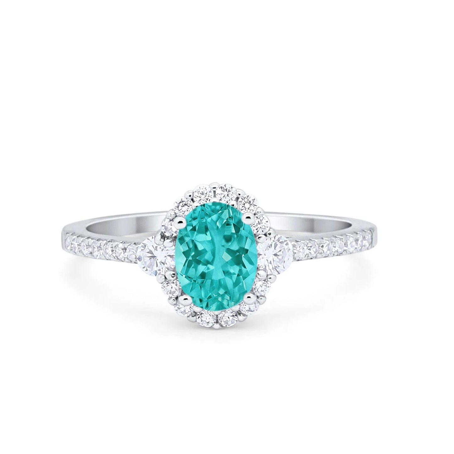 Art Deco Halo Oval Wedding Ring Simulated Paraiba Tourmaline CZ