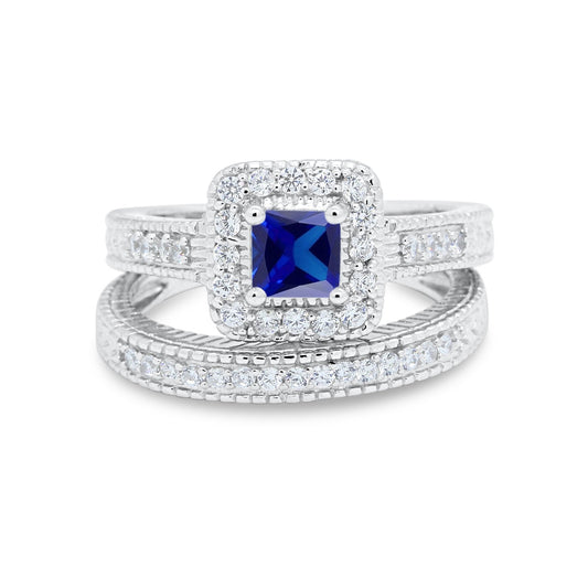 Two Piece Vintage Style Wedding Ring Simulated Blue Sapphire CZ