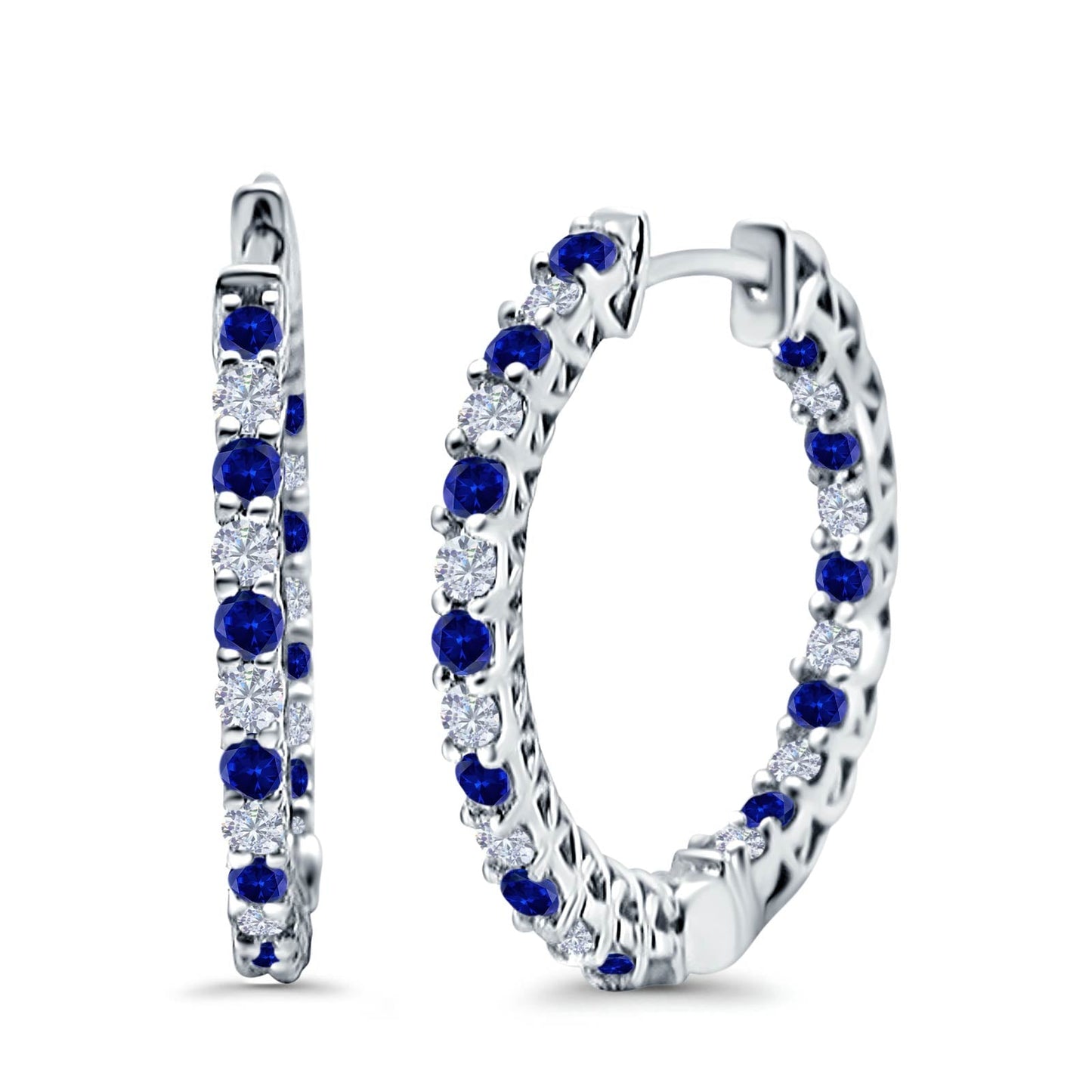 Huggie Hoop Earrings Round Simulated Blue Sapphire CZ (14mm)