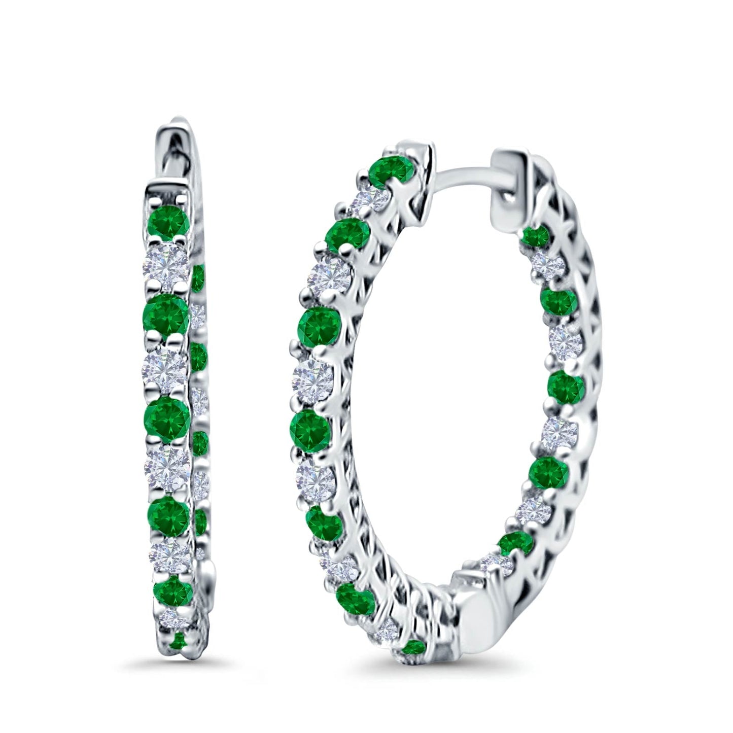 Huggie Hoop Earrings Round Simulated Green Emerald CZ (14mm)