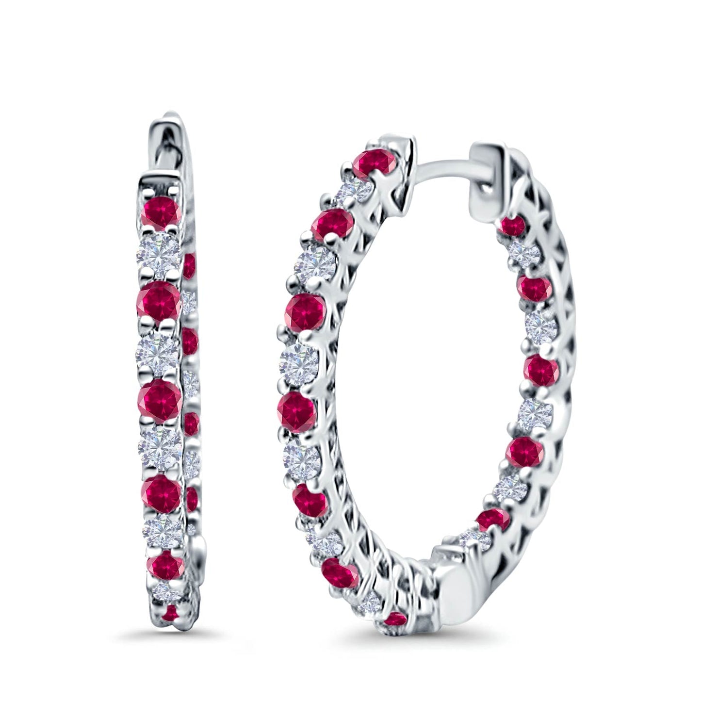 Huggie Hoop Earrings Round Simulated Ruby CZ (14mm)