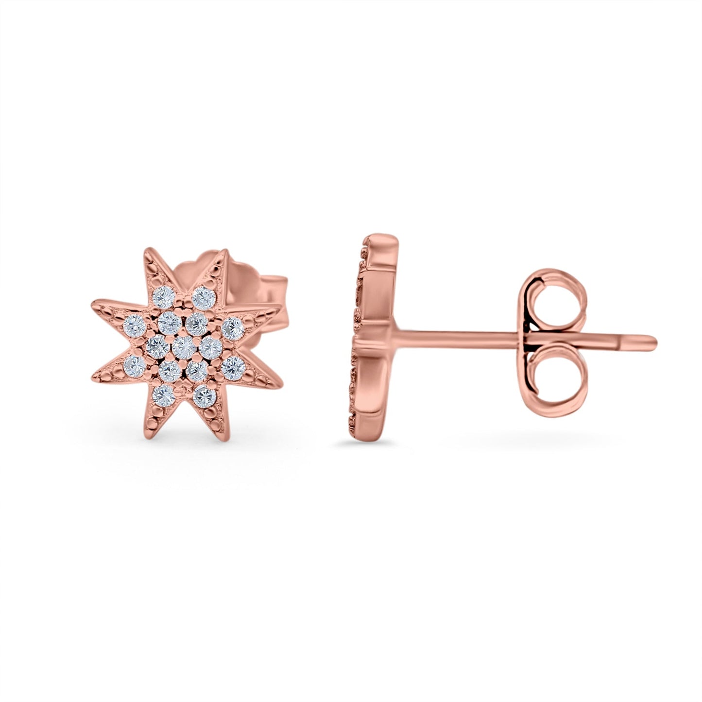 Starburst Round Rose Tone, Simulated CZ Stud Earrings