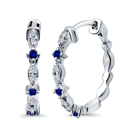 Half Eternity Huggie Hoop Earrings Round Simulated Blue Sapphire CZ (14mm)