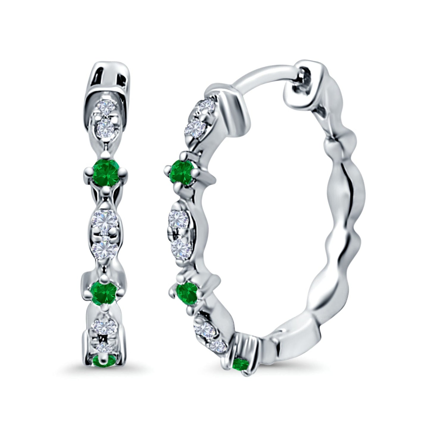 Half Eternity Huggie Hoop Earrings Round Simulated Green Emerald CZ (14mm)