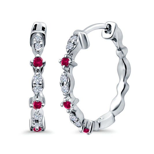 Half Eternity Huggie Hoop Earrings Round Simulated Ruby CZ (14mm)