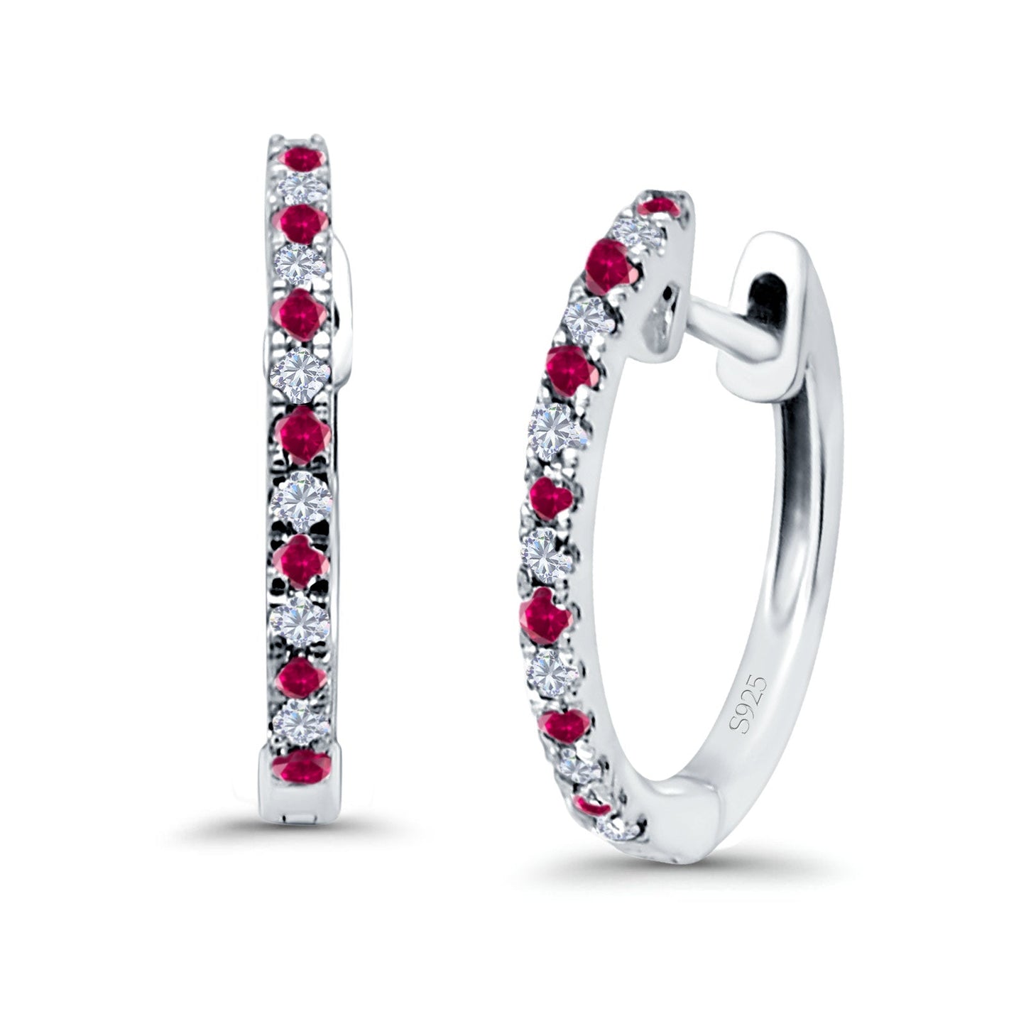 Hoop Earrings Half Eternity Round Simulated Ruby Cubic Zirconia (14mm)