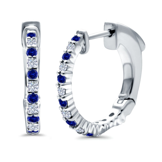 Half Eternity Huggie Hoop Earrings Round Simulated Blue Sapphire CZ (14mm)