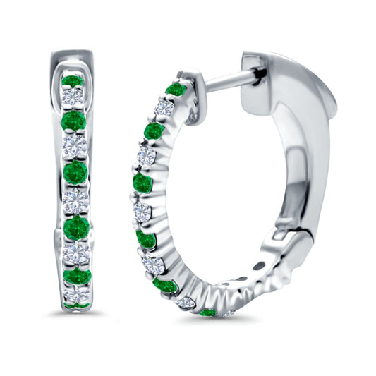 Half Eternity Huggie Hoop Earrings Round Simulated Green Emerald CZ (14mm)