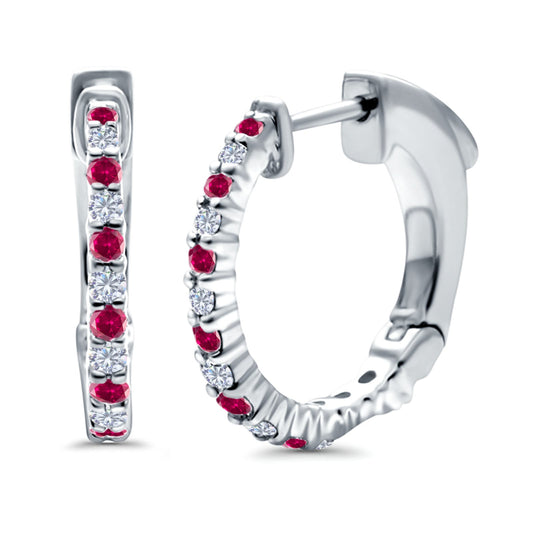 Half Eternity Huggie Hoop Earrings Round Simulated Ruby CZ (14mm)