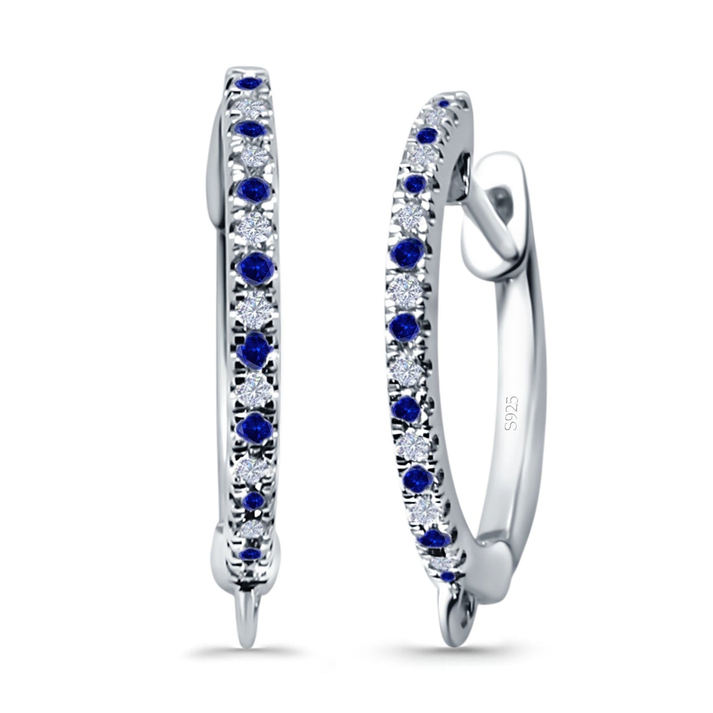 Half Eternity Hoop Earrings Round Simulated Blue Sapphire CZ (14mm)