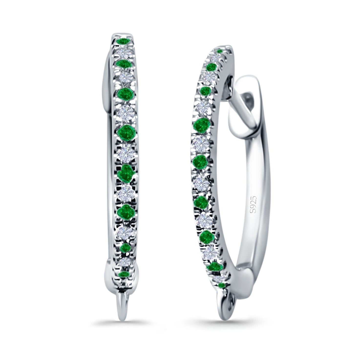 Half Eternity Hoop Earrings Round Simulated Green Emerald CZ (14mm)