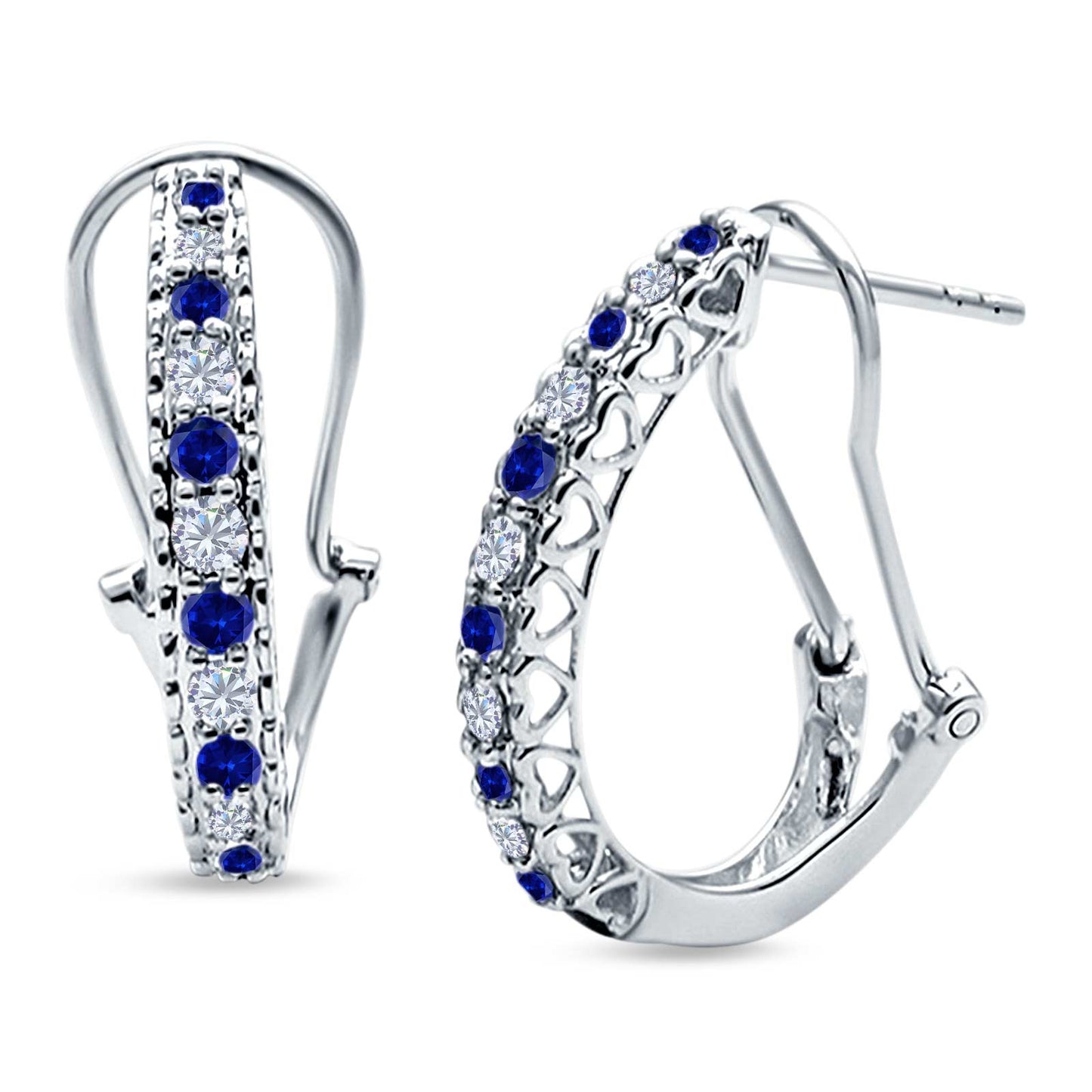 Half Eternity Heart Huggie Hoop Earrings Round Simulated Blue Sapphire CZ (18mm)