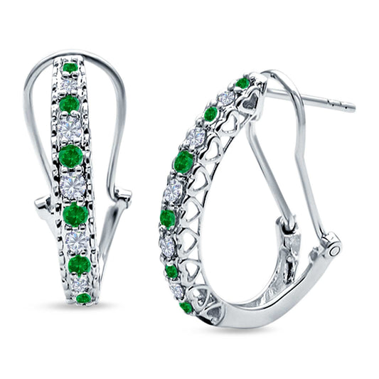 Half Eternity Heart Huggie Hoop Earrings Round Simulated Green Emerald CZ (18mm)