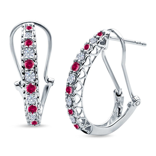 Half Eternity Heart Huggie Hoop Earrings Round Simulated Ruby CZ (18mm)