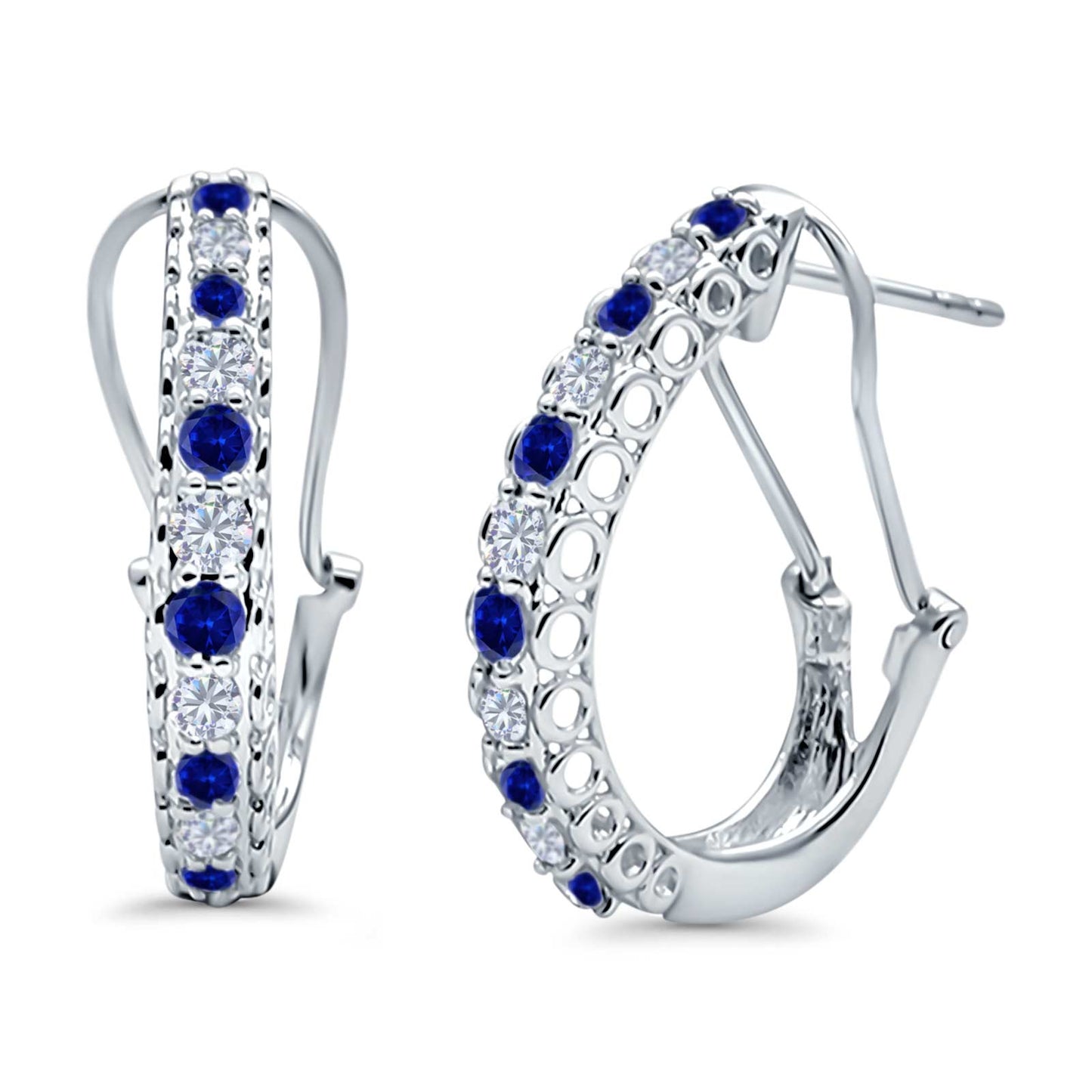 Half Eternity Huggie Hoop Earrings Round Simulated Blue Sapphire CZ (18mm)