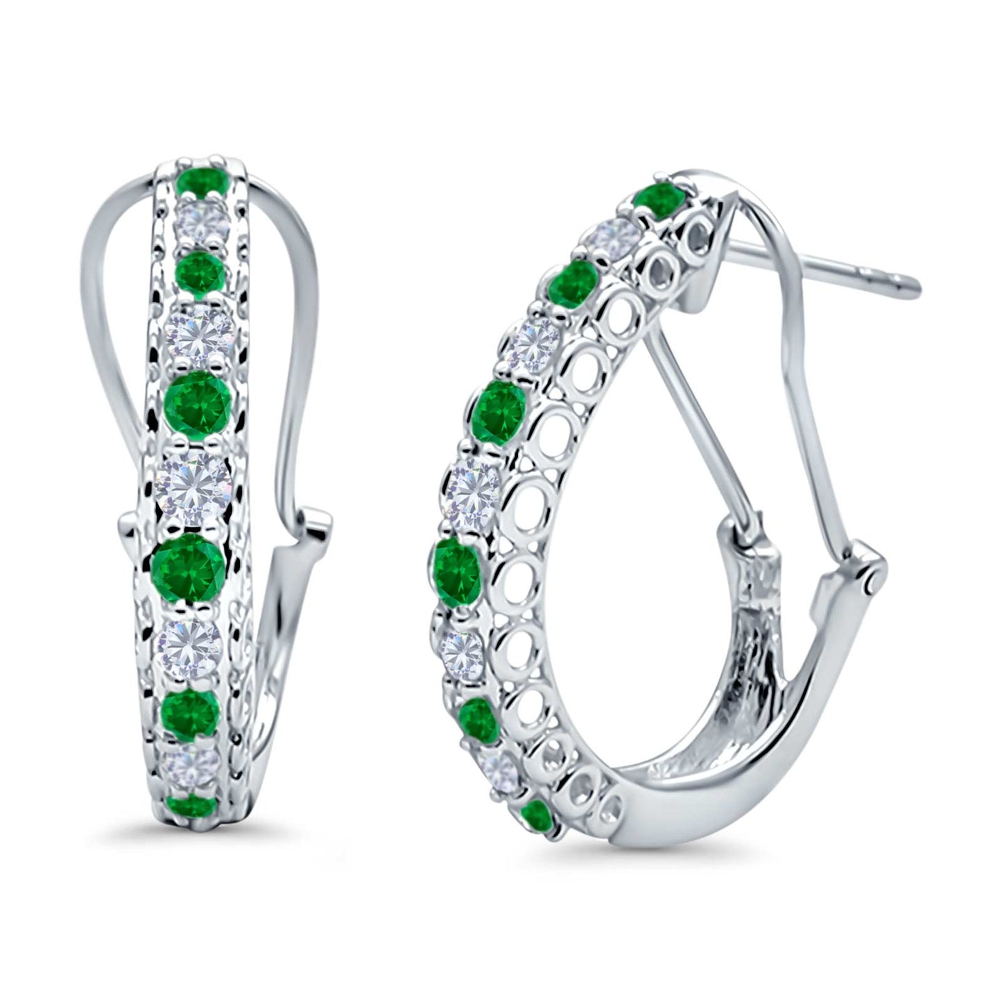 Half Eternity Huggie Hoop Earrings Round Simulated Green Emerald CZ (18mm)