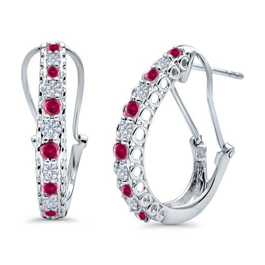 Half Eternity Huggie Hoop Earrings Round Simulated Ruby CZ (18mm)