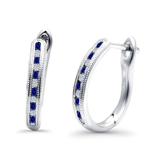 Half Eternity Hoop Earrings Round Simulated Blue Sapphire Cubic Zirconia (14mm)