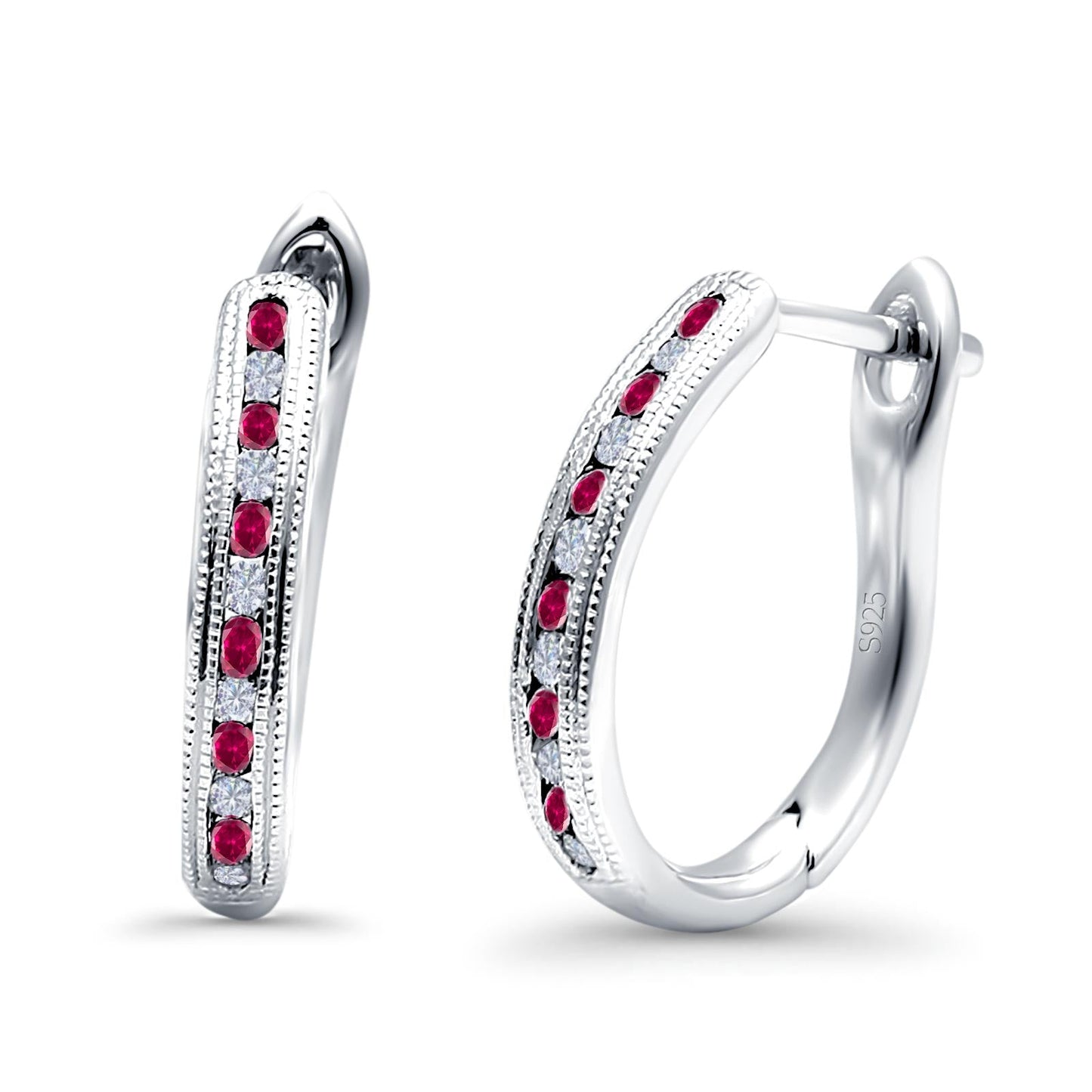 Half Eternity Hoop Earrings Round Simulated Ruby Cubic Zirconia (14mm)