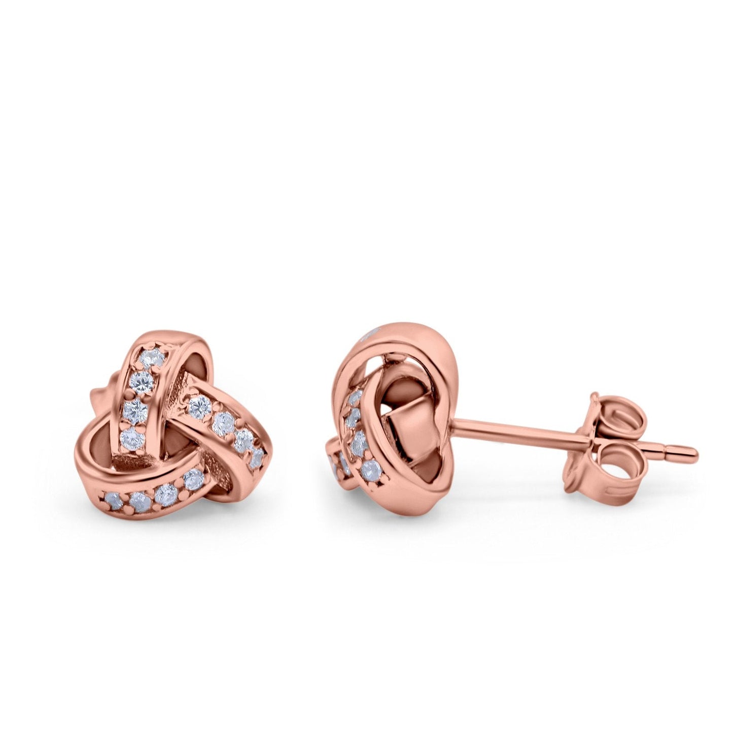 Stud Earrings Round Rose Tone, Simulated CZ (8mm)