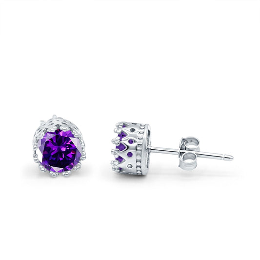 Round Simulated Amethyst CZ Wedding Engagement Bridal Stud Earrings