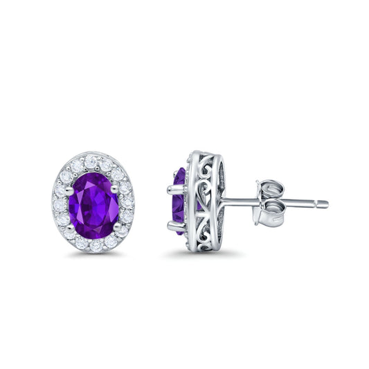 Oval Simulated Amethyst CZ Wedding Stud Earrings