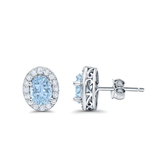 Oval Simulated Aquamarine CZ Wedding Stud Earrings