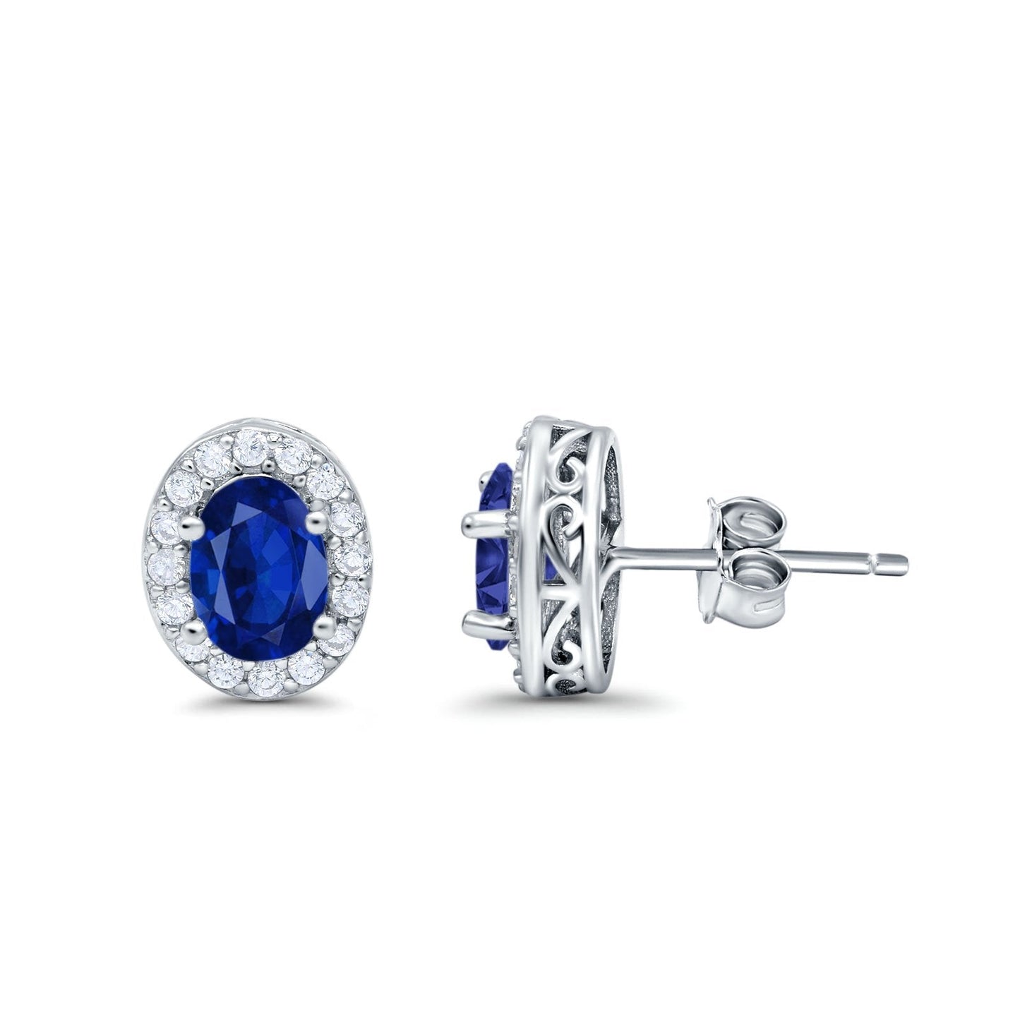 Oval Simulated Blue Sapphire CZ Wedding Stud Earrings