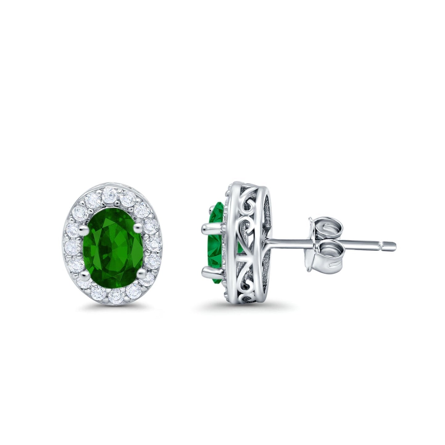 Oval Simulated Green Emerald CZ Wedding Stud Earrings