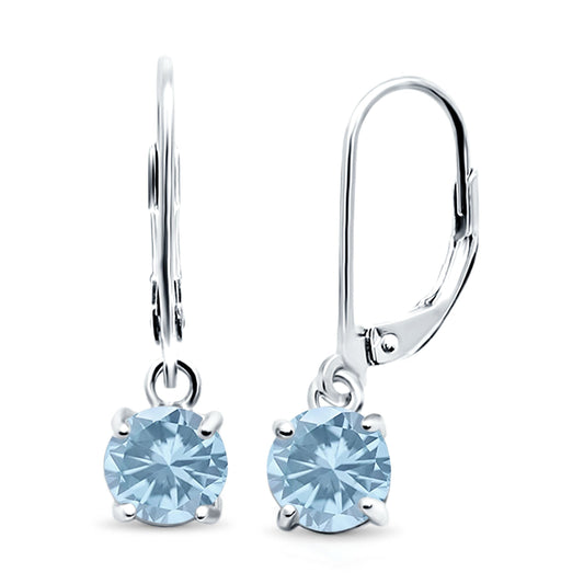 Lever Back Earring Round Simulated Aquamarine CZ  (2mm-10mm)