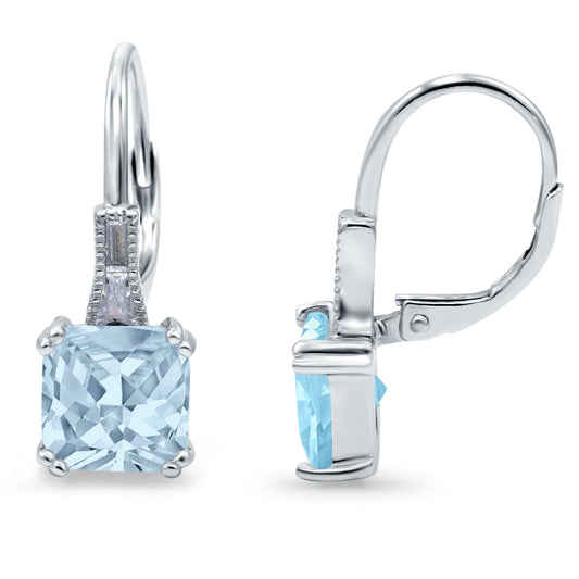 Cushion Cut Dangling Leverback Wedding Earrings Simulated Aquamarine CZ (15mm)