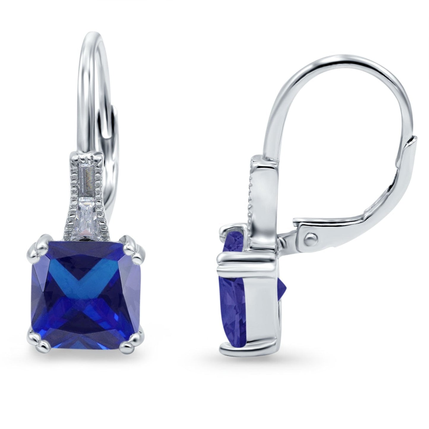 Cushion Cut Dangling Leverback Wedding Earrings Simulated Blue Sapphire CZ (15mm)